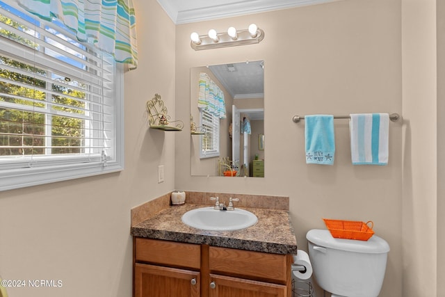 bathroom featuring vanity, toilet, and crown molding