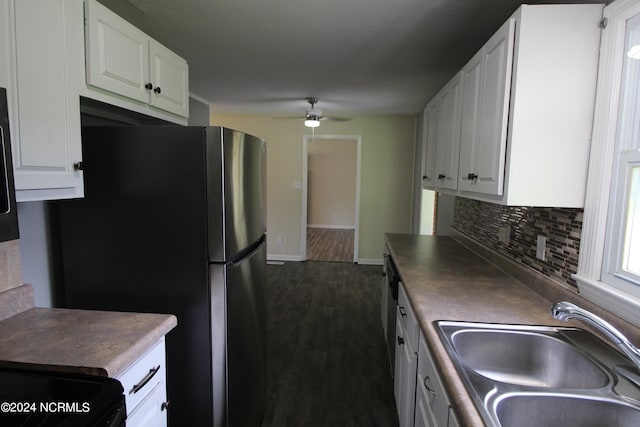 kitchen featuring ceiling fan, decorative backsplash, dark hardwood / wood-style flooring, and white cabinetry