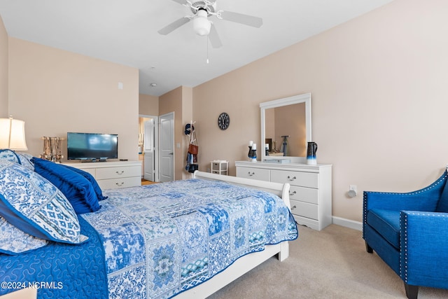 bedroom featuring carpet flooring, ceiling fan, and baseboards