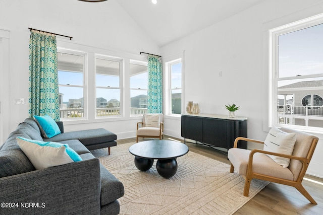 living room with light wood-type flooring, vaulted ceiling, and a wealth of natural light