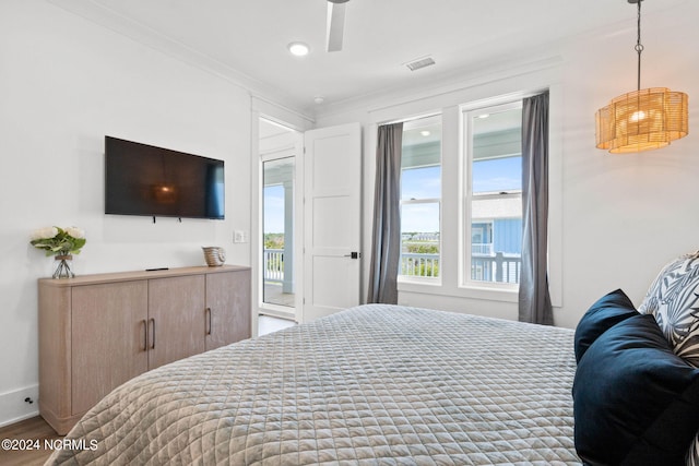 bedroom with access to outside, ornamental molding, wood-type flooring, and ceiling fan