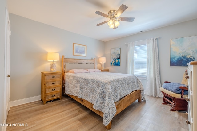 bedroom with ceiling fan and light wood-type flooring