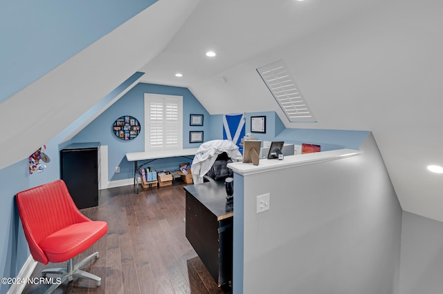 office area featuring lofted ceiling and dark hardwood / wood-style floors