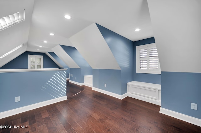 additional living space featuring dark hardwood / wood-style floors and lofted ceiling