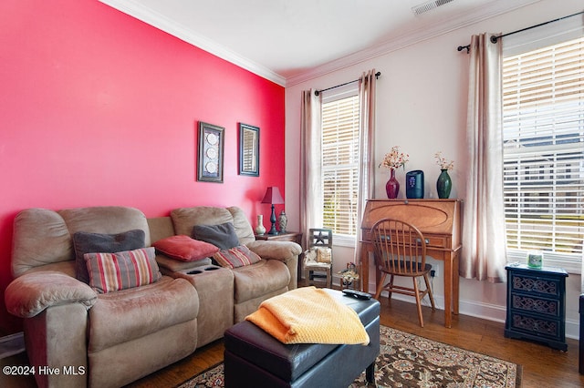 living room with ornamental molding and dark wood-type flooring