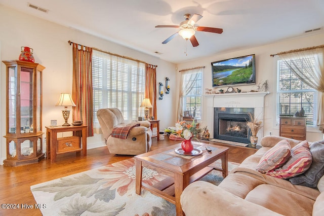 living room with a wealth of natural light, ceiling fan, and hardwood / wood-style flooring