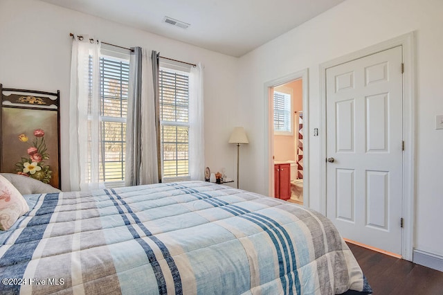 bedroom featuring multiple windows, ensuite bath, and wood-type flooring