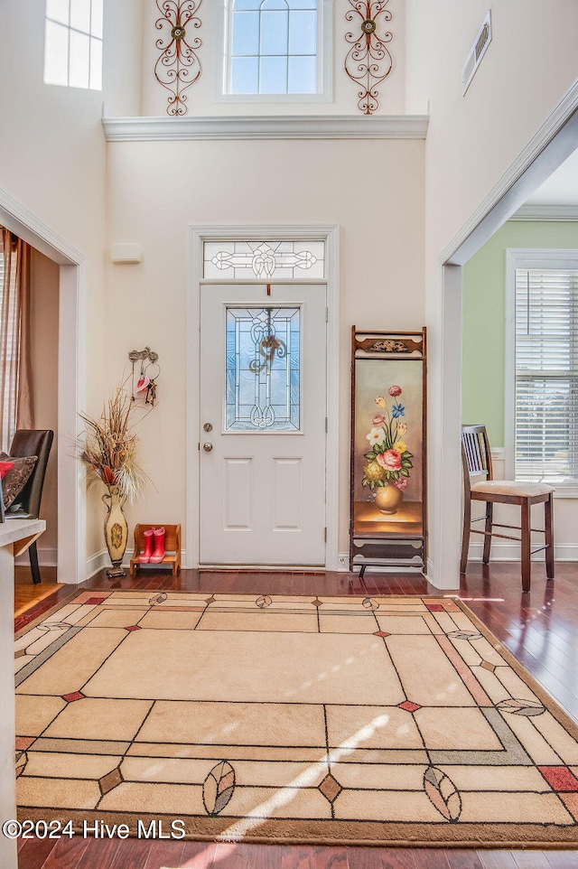 foyer featuring plenty of natural light, wood-type flooring, and a towering ceiling