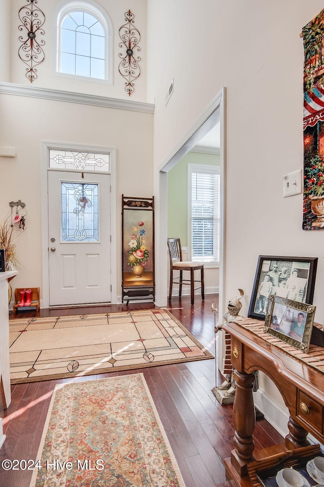 entryway with dark hardwood / wood-style floors and a high ceiling