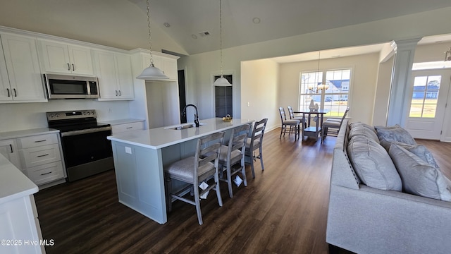 kitchen featuring dark wood-style floors, vaulted ceiling, stainless steel appliances, and a sink