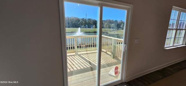 doorway to outside featuring hardwood / wood-style floors and a water view