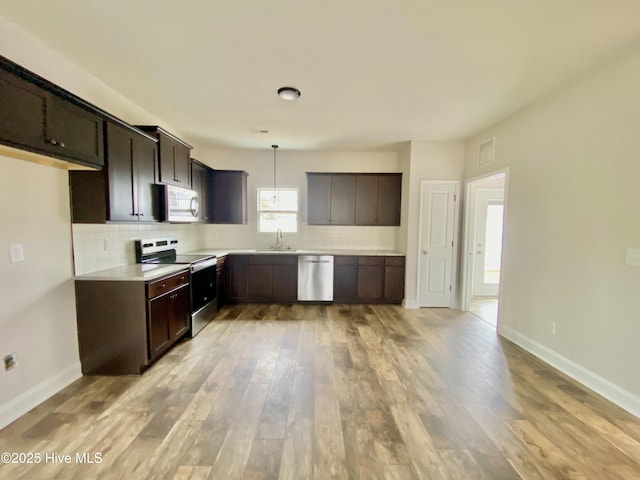 kitchen with stainless steel appliances, light hardwood / wood-style floors, hanging light fixtures, and backsplash