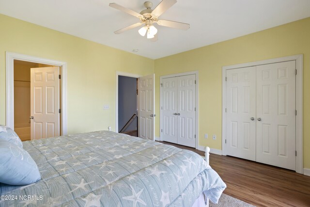 bedroom featuring multiple closets, hardwood / wood-style flooring, ceiling fan, and access to outside