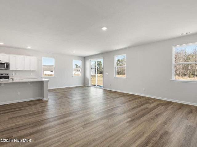 unfurnished living room with wood-type flooring and a wealth of natural light