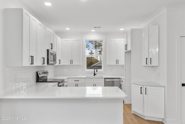 kitchen with appliances with stainless steel finishes, sink, white cabinets, and kitchen peninsula