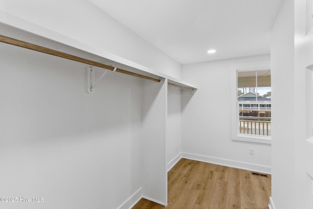 spacious closet with light hardwood / wood-style flooring