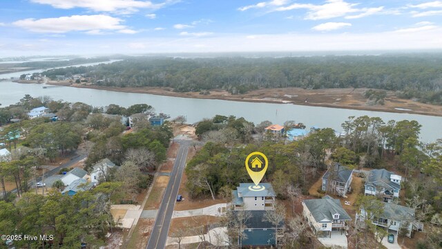 drone / aerial view with a water view