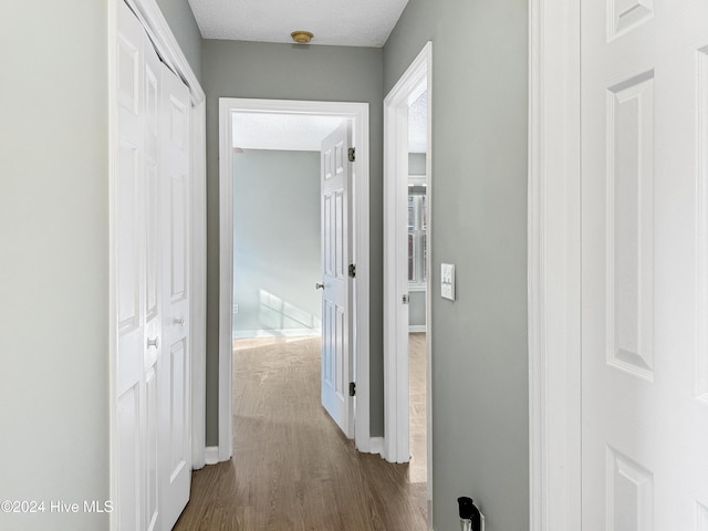 hallway featuring dark hardwood / wood-style flooring and a textured ceiling