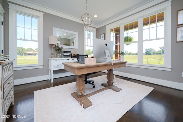 office space featuring a notable chandelier, crown molding, and dark wood-type flooring