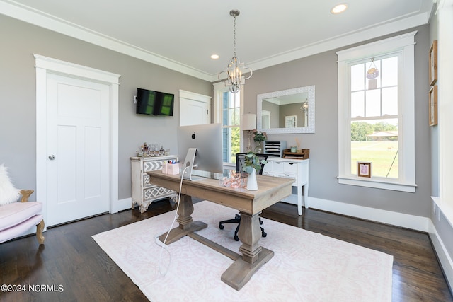 office space with a notable chandelier, crown molding, and dark wood-type flooring