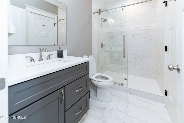 bathroom featuring walk in shower, vanity, and toilet