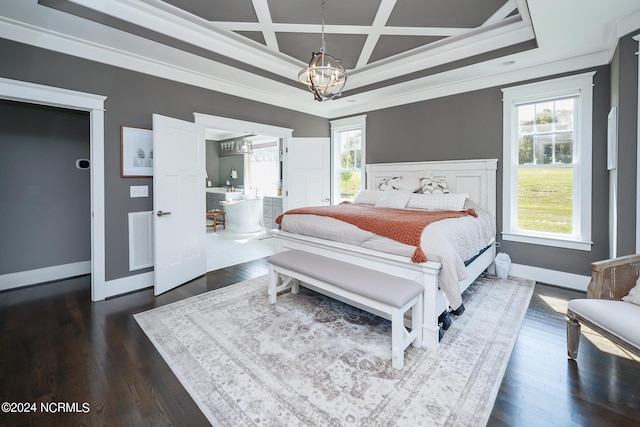 bedroom with an inviting chandelier, dark wood-type flooring, crown molding, and coffered ceiling