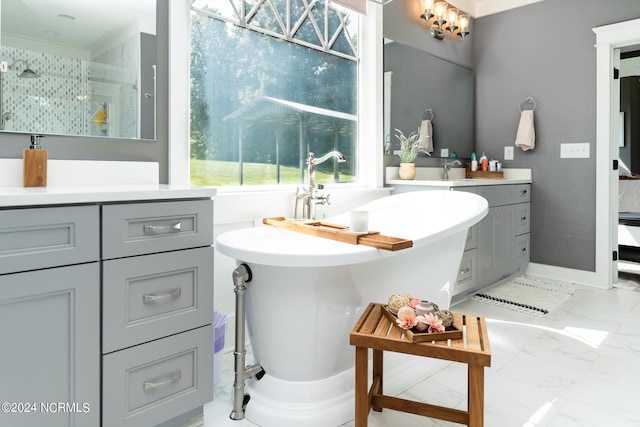 bathroom with vanity and plus walk in shower