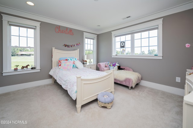 carpeted bedroom with crown molding