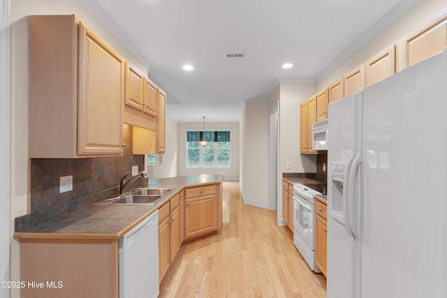2788 Creek Bridge Ct, Southport, NC 28461 - kitchen with white appliances, light brown cabinetry, a sink, light wood-style flooring, and backsplash