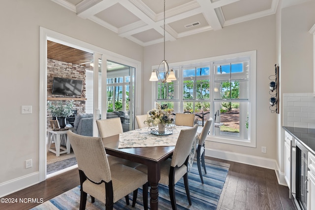 dining room featuring dark hardwood / wood-style floors, a fireplace, a wealth of natural light, and coffered ceiling