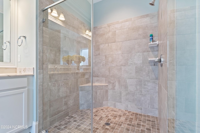 bathroom with vanity and an enclosed shower