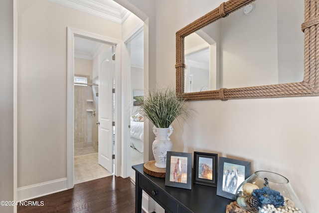 hall with hardwood / wood-style floors and crown molding