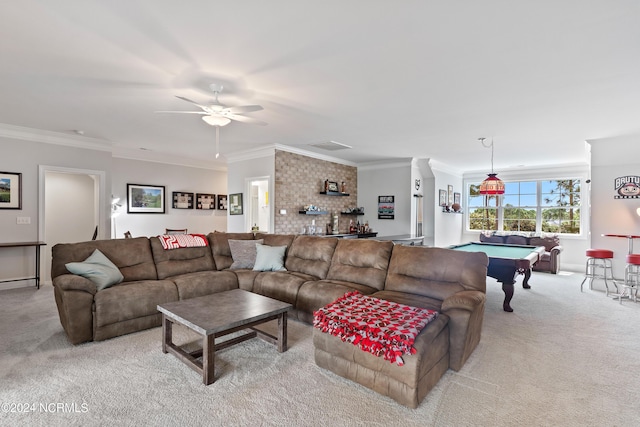 carpeted living room with ceiling fan, ornamental molding, and billiards