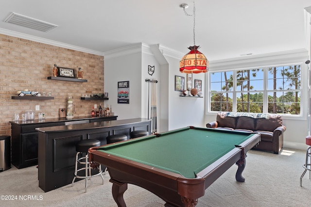 rec room with bar area, light colored carpet, crown molding, and pool table