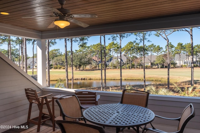 sunroom with ceiling fan, a water view, and wooden ceiling