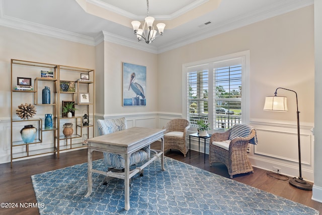 home office featuring a raised ceiling, crown molding, dark hardwood / wood-style flooring, and a notable chandelier