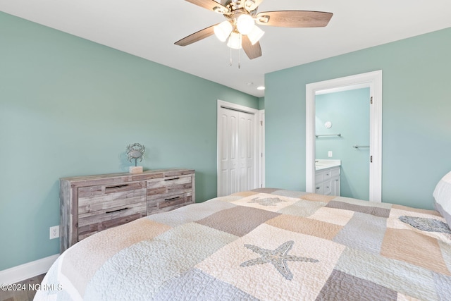 bedroom featuring ceiling fan, a closet, and ensuite bathroom