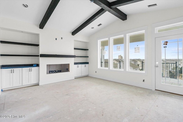 unfurnished living room featuring built in features and vaulted ceiling with beams