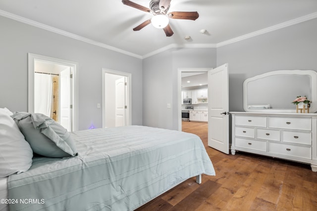 bedroom with ceiling fan, ensuite bath, ornamental molding, and wood-type flooring