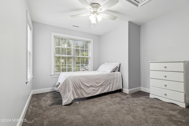 carpeted bedroom with ceiling fan