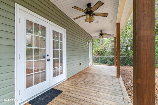 deck with ceiling fan and french doors