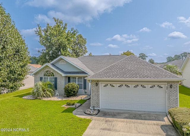 single story home featuring driveway, brick siding, a front lawn, and a shingled roof