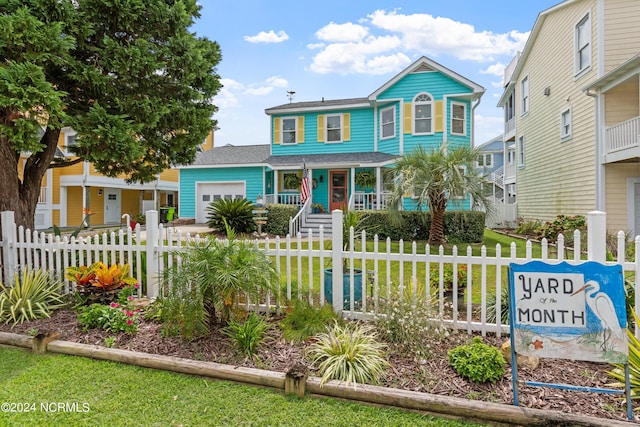 view of front of home with an attached garage, a fenced front yard, and a front lawn