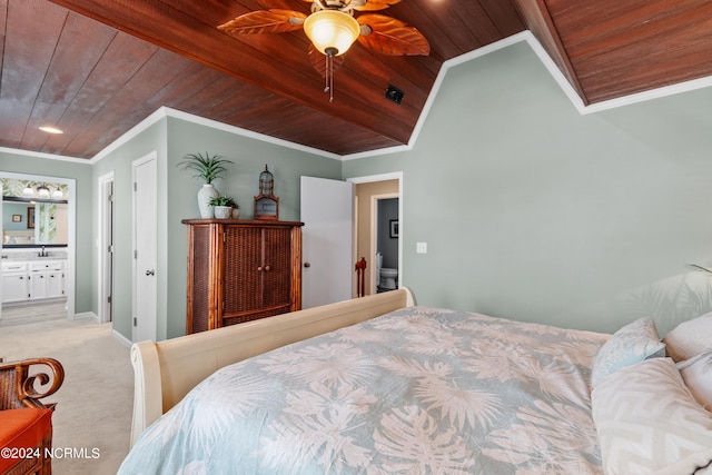 bedroom featuring crown molding, wood ceiling, carpet flooring, vaulted ceiling, and baseboards