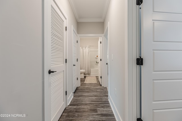 corridor with dark wood-type flooring and ornamental molding