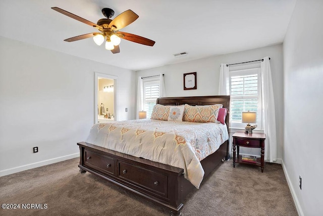 bedroom featuring carpet flooring, ensuite bath, and ceiling fan