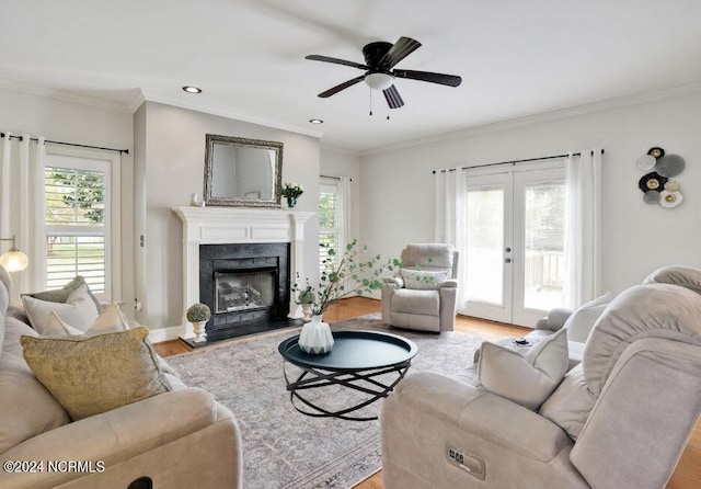 living room featuring hardwood / wood-style floors, ceiling fan, a healthy amount of sunlight, and french doors