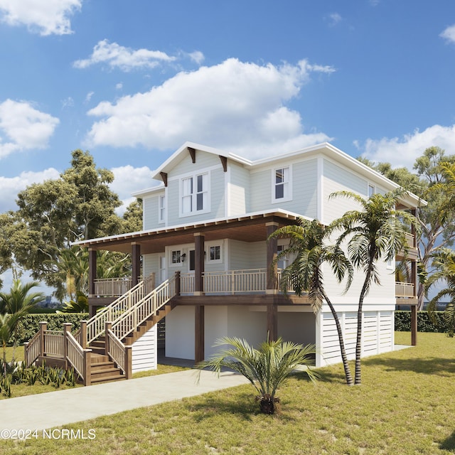 raised beach house featuring stairs, a front lawn, and a porch