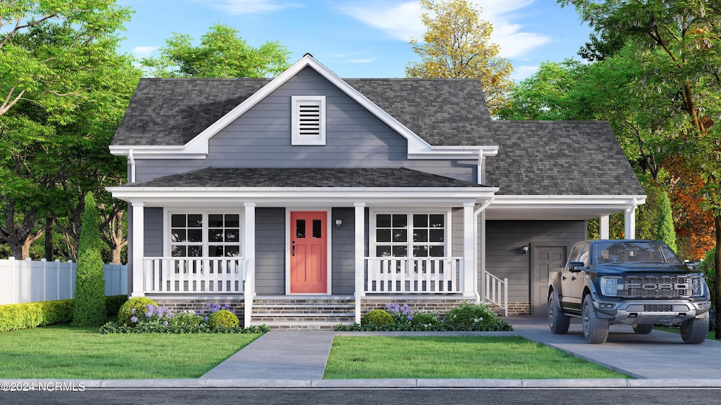 view of front facade with a porch, a shingled roof, concrete driveway, fence, and an attached carport