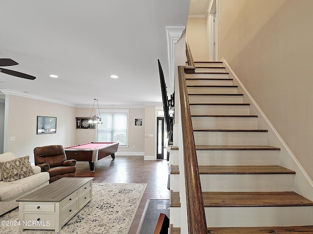 playroom featuring hardwood / wood-style floors, billiards, and crown molding